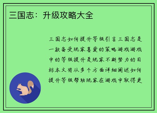 三国志:升级攻略大全